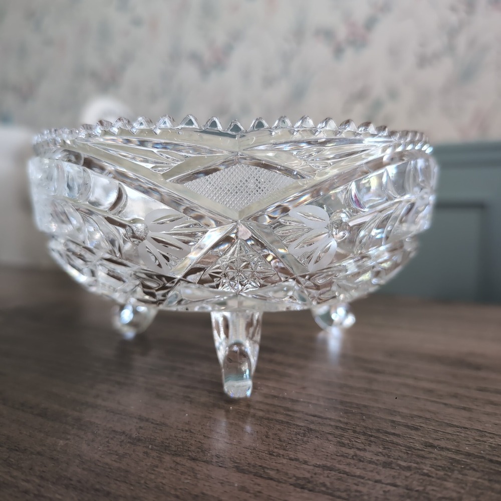 Vintage Anna Hutte Lead Crystal 3 Footed Dish‎ Candy Pinwheel Starburst Germany - Picture 2 of 10
